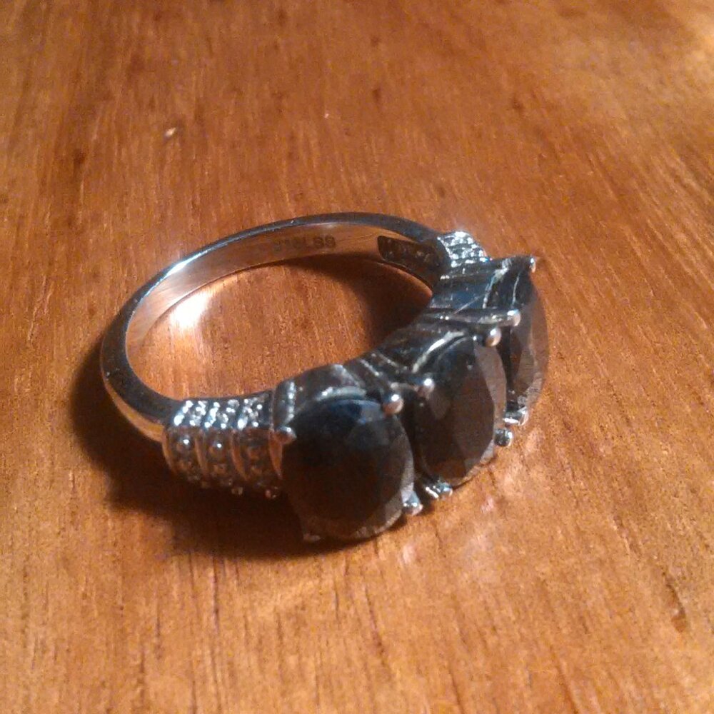 Midnight Sapphire Three Stone Stainless Steel Ring (Size 7) - Picture 14 of 14